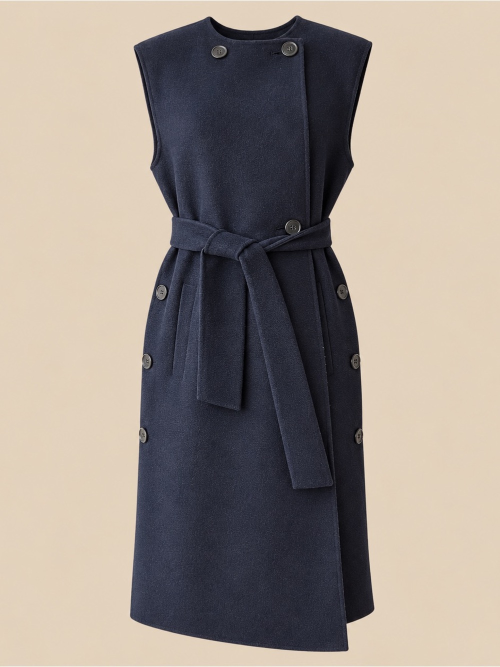 Quiet Luxury Minimalist Max Mara Wool Navy Belted Vest Coat M/L